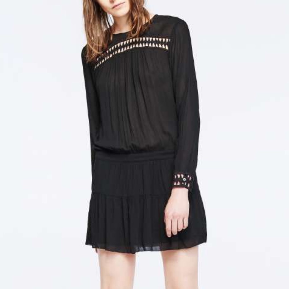 BA&SH Joli Dress Cut Out Black LBD Long Sleeve Mini Length Boho Sz 0 XS